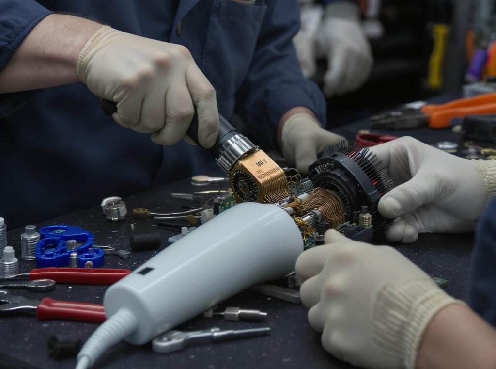 Professional hair dryer repair workshop showing disassembled parts and repair process