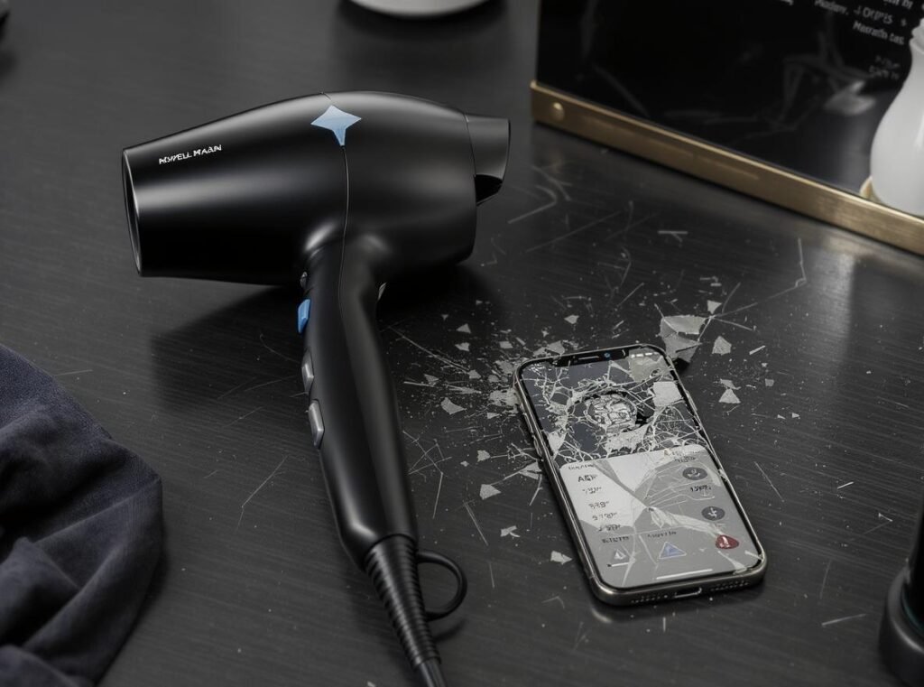 Circuit board showing heat damage from hair dryer on wet phone