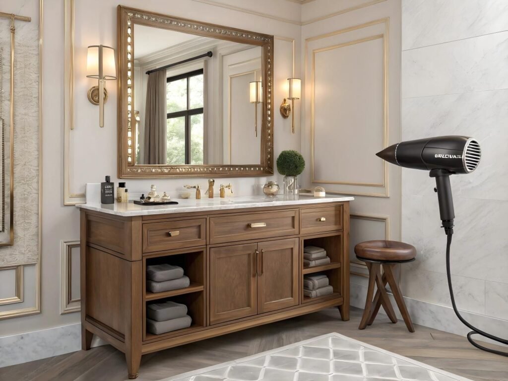 Professional salon-quality hair dryer in luxury home bathroom vanity setup