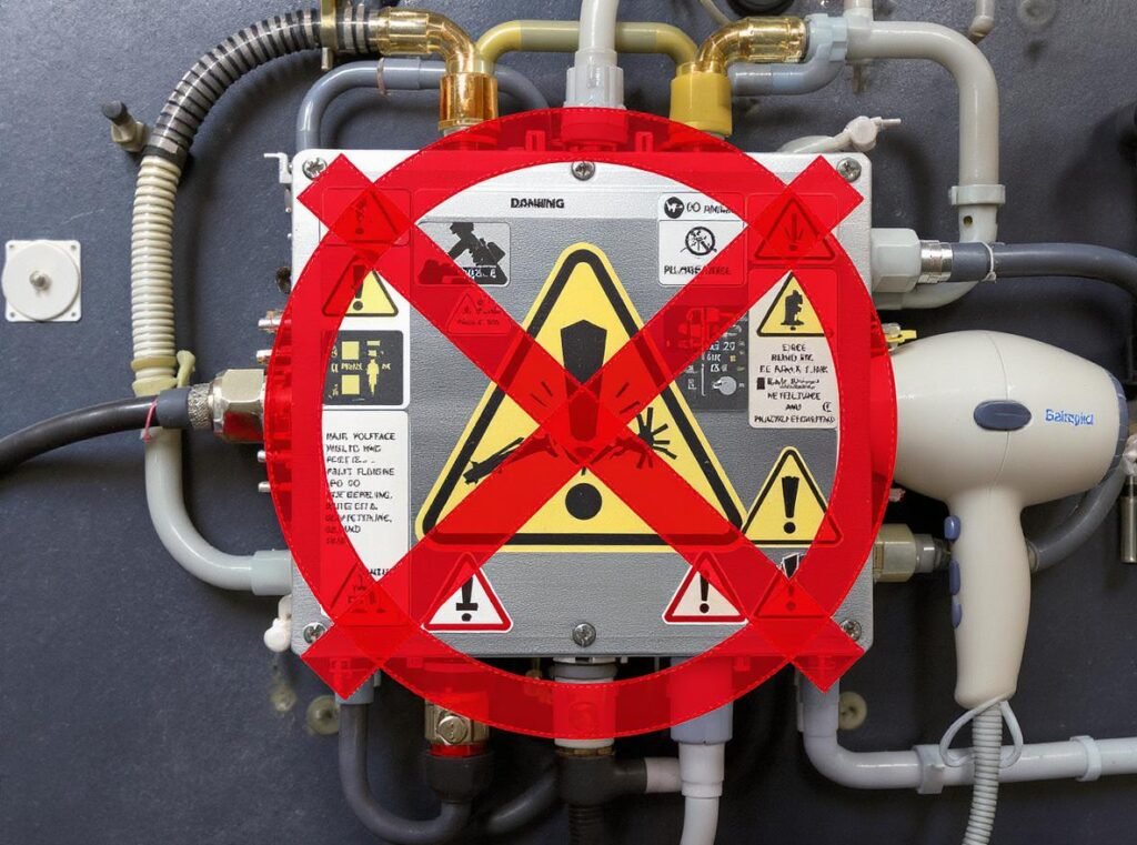Warning illustration about using voltage converters with hair dryers