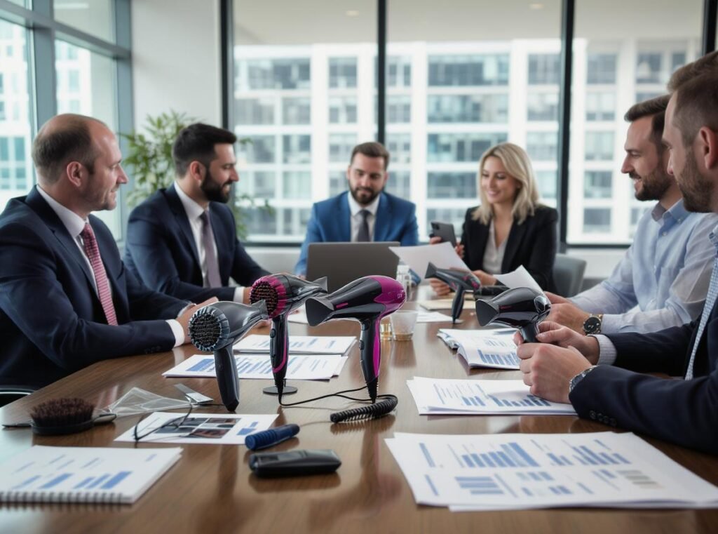 Wholesale hair dryer buying decision - business meeting with product samples