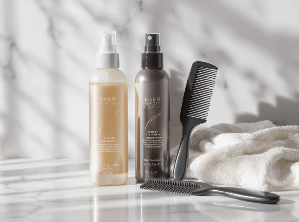 Hair preparation products for blow drying damaged hair including heat protectant and leave-in conditioner