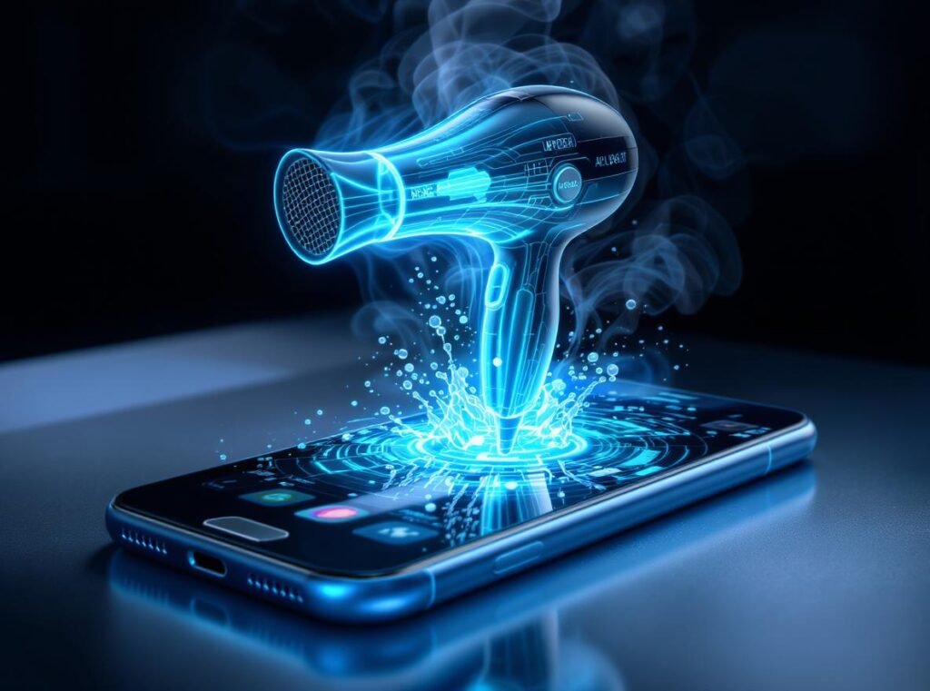 Timeline showing progressive phone damage from hair dryer treatment