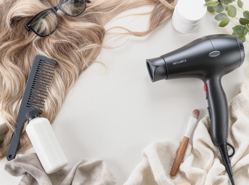 Heat protection hair care routine with protectant spray and professional styling tools