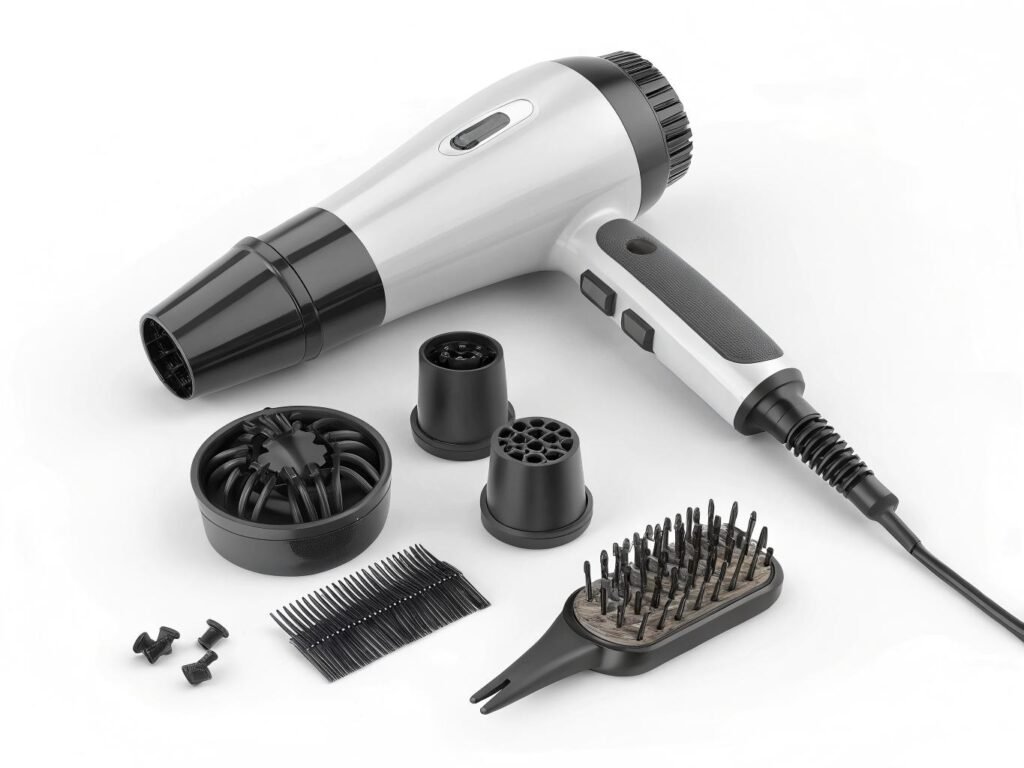 Hair dryer attachments including concentrator nozzle and diffuser for faster styling