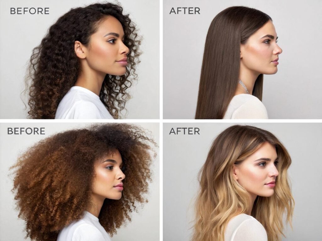Four different hair types showing improved results from using expensive professional hair dryers