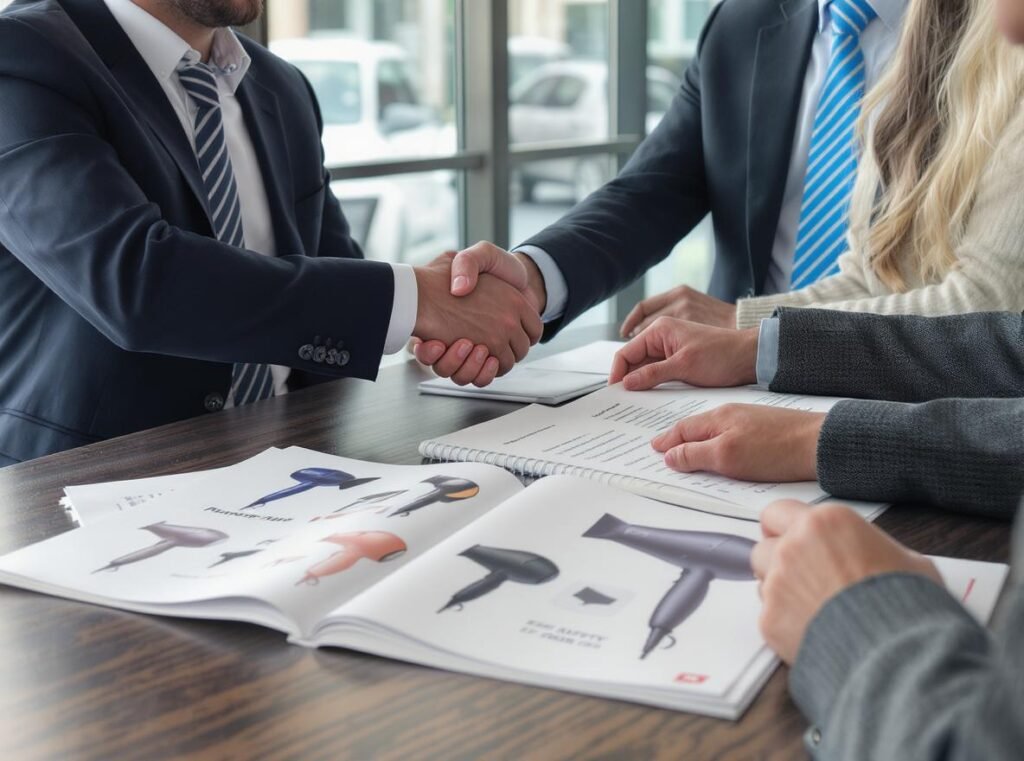 Hair dryer wholesale business meeting discussing product applications and safety