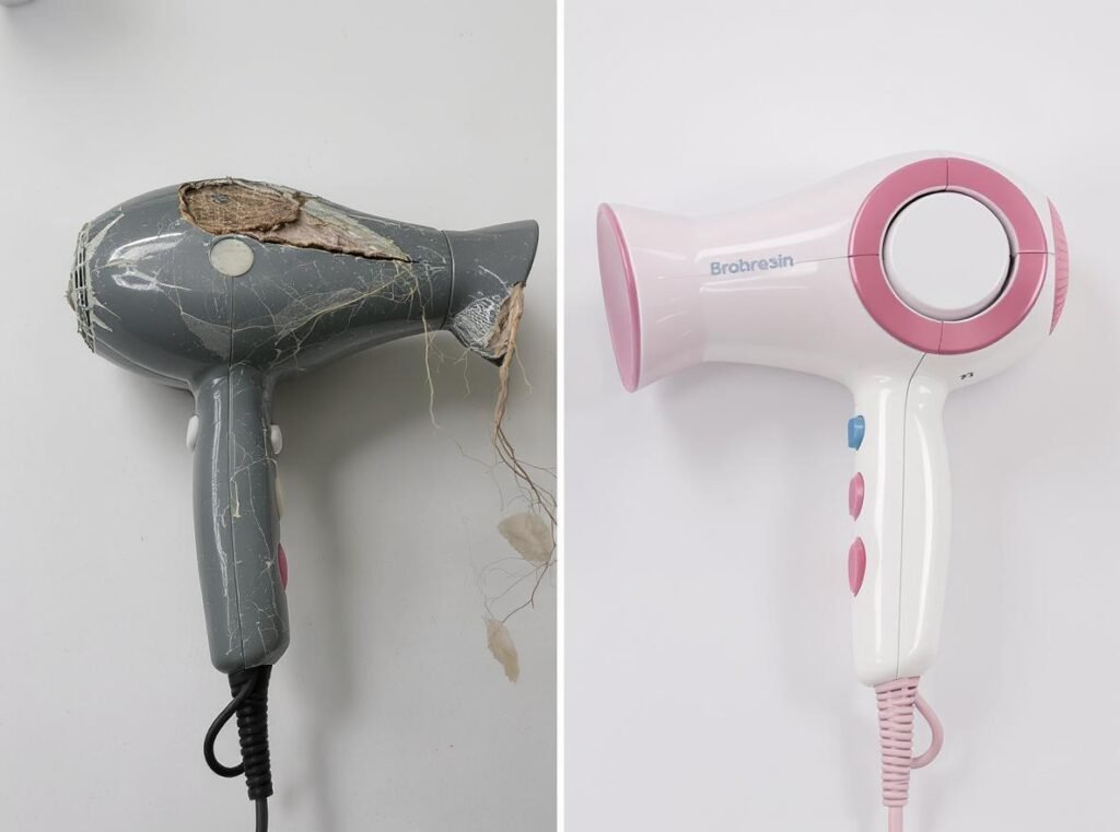 Old damaged hair dryer compared to new replacement model