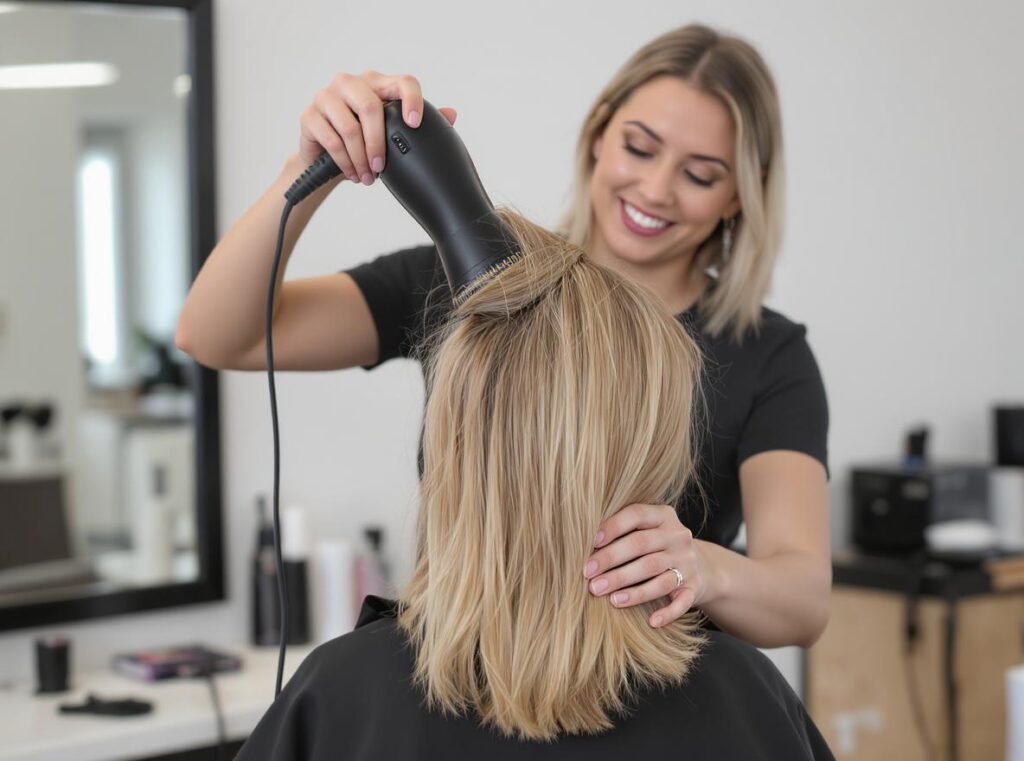 Professional hair drying technique showing proper distance and airflow direction for damaged hair
