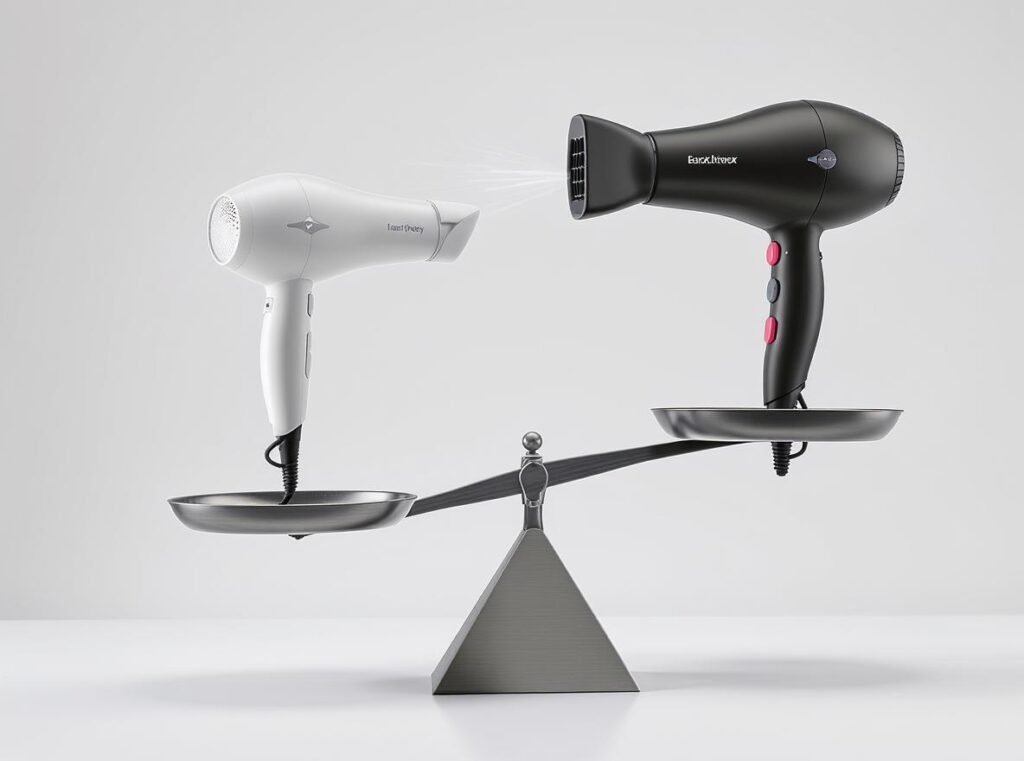 Hair dryer weight misconceptions performance vs weight balance scale concept