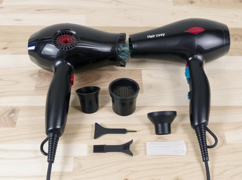 Hair dryer maintenance showing removable filters and cleaning process