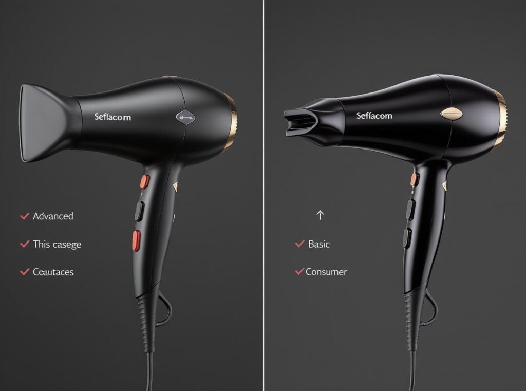 Professional hair dryer versus consumer model showing advanced temperature control features