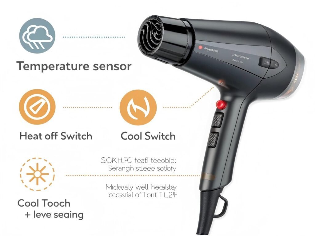 Hair dryer safety features including heat sensors and automatic shut-off systems