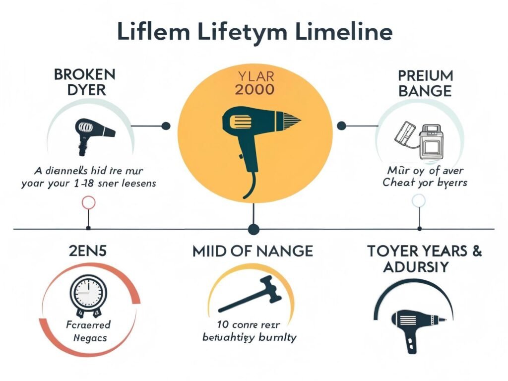Timeline showing hair dryer lifespan from 6 months for cheap models to 8 years for premium dryers