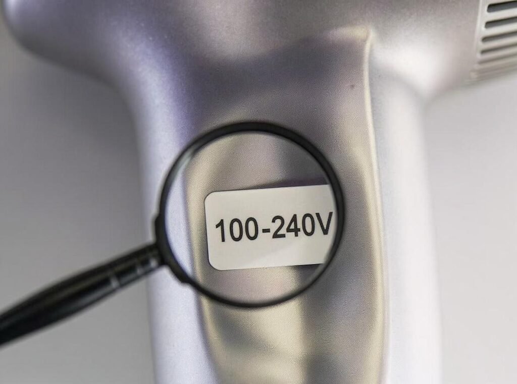 Hair dryer voltage label showing dual-voltage compatibility specifications