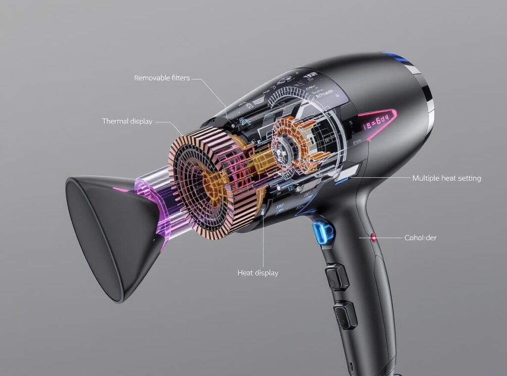 Advanced hair dryer features preventing common heating problems