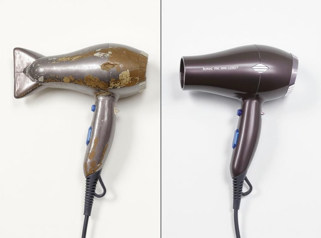 Old versus new hair dryer comparison showing when to replace hair dryer for damaged hair protection
