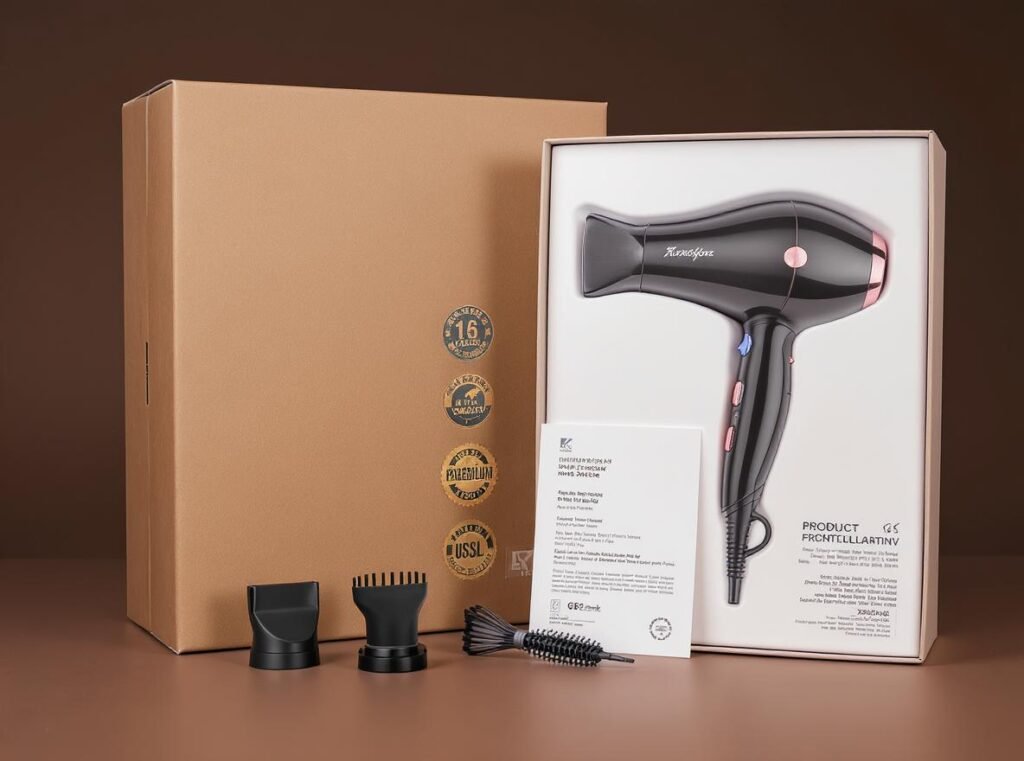 Professional hair dryer showing quality features and certifications for buyer evaluation