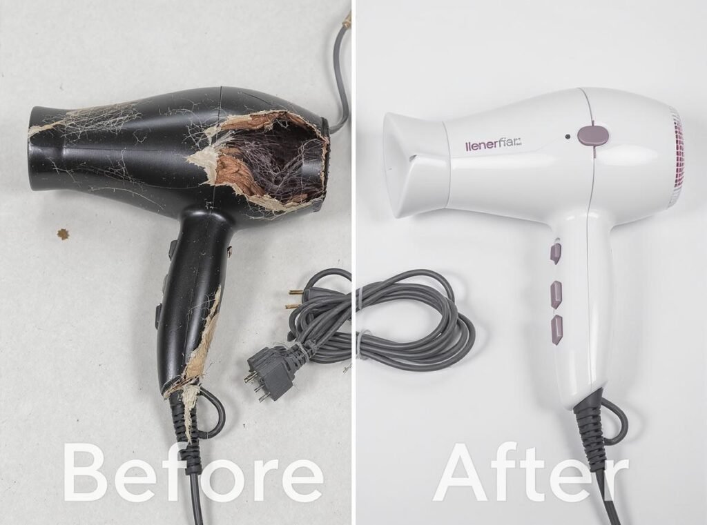 Old damaged hair dryer compared to new safe replacement model