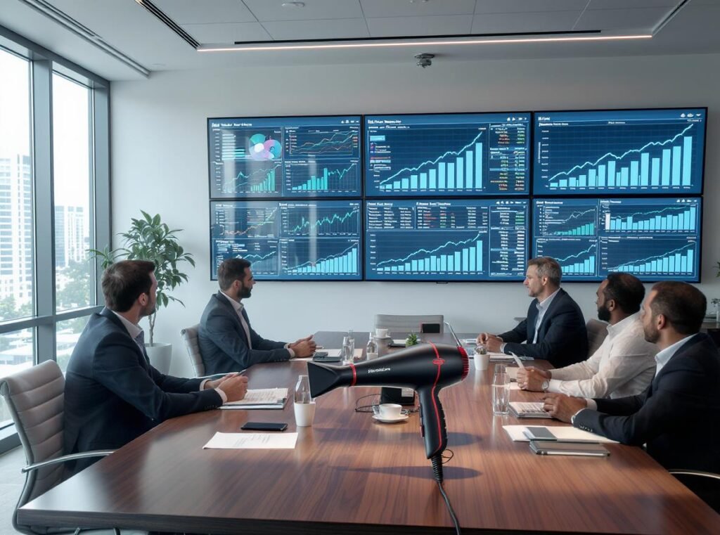 Business meeting analyzing high-speed hair dryer wholesale investment opportunities and market growth