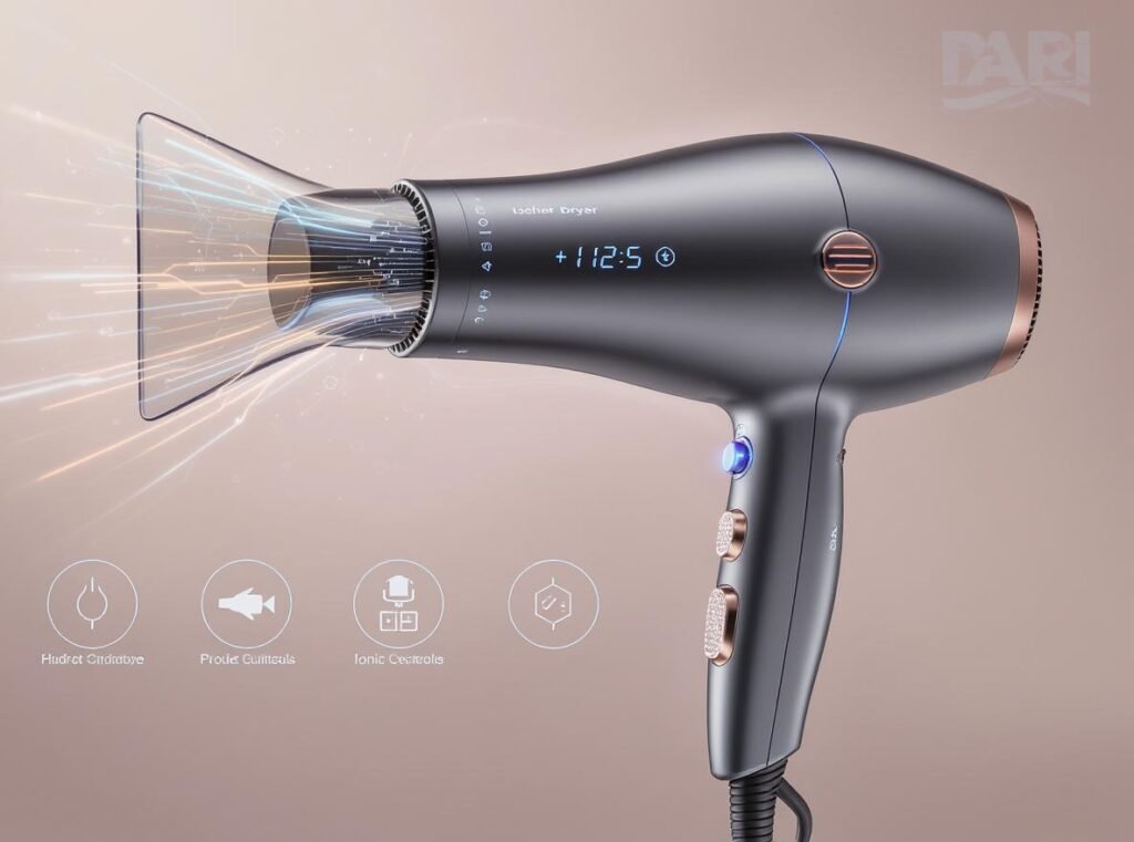 Advanced hair dryer features including temperature controls, ionic technology, and digital displays