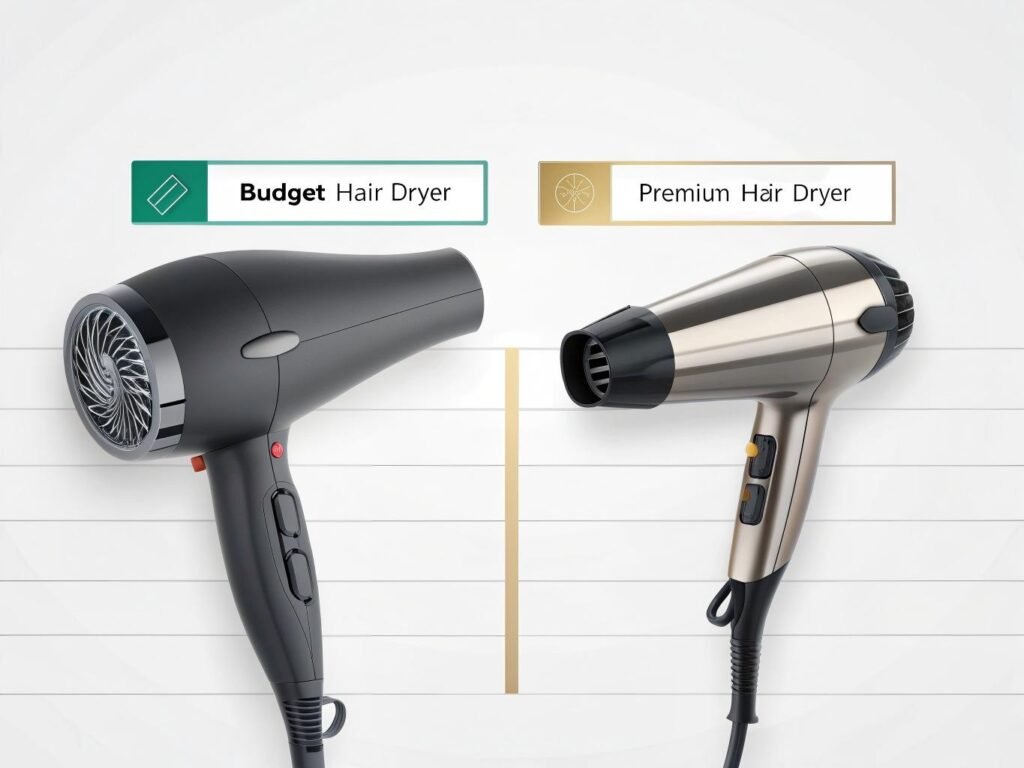 Budget vs premium hair dryer comparison showing speed and protection differences