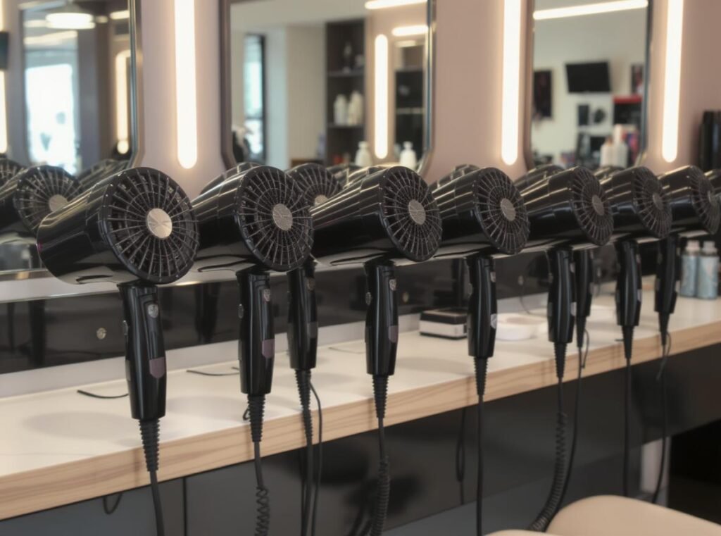 Professional salon hair dryers with AC motors designed for commercial use with damaged hair