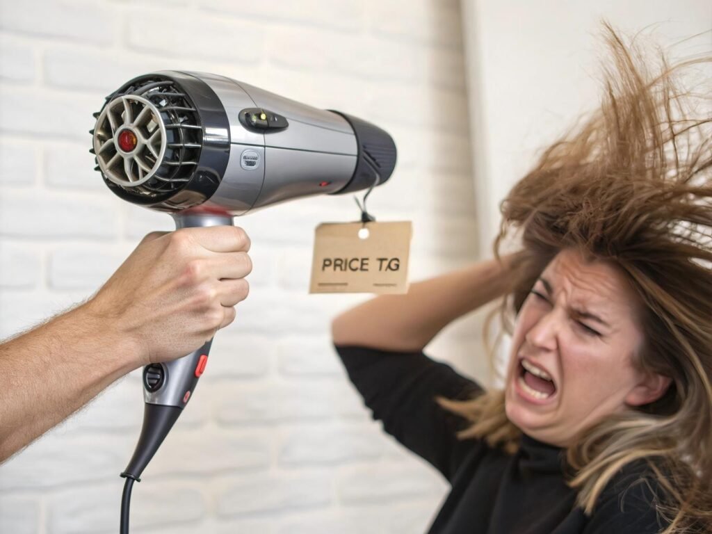 Person showing strain from heavy professional hair dryer with complex controls highlighting potential downsides