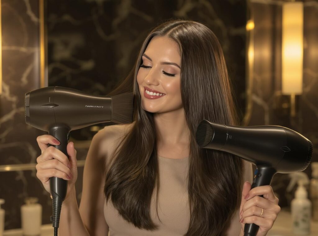 Woman using high-speed hair dryer with heat protectant spray for healthy hair protection