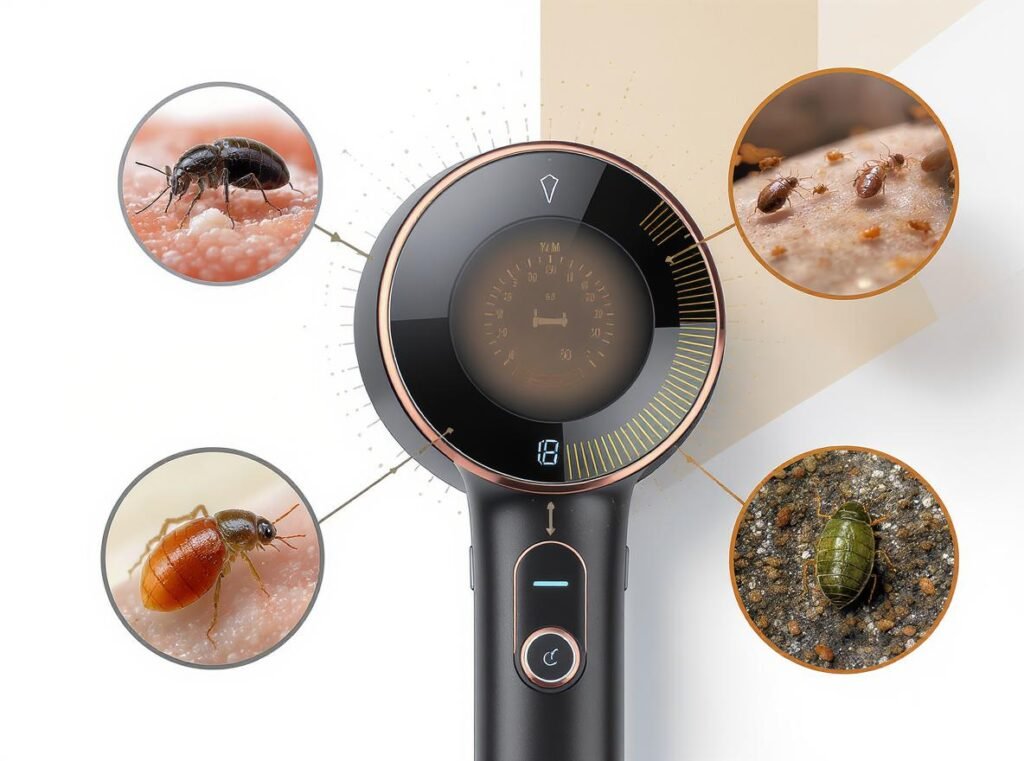 Professional hair dryer with temperature display showing heat levels for pest control effectiveness