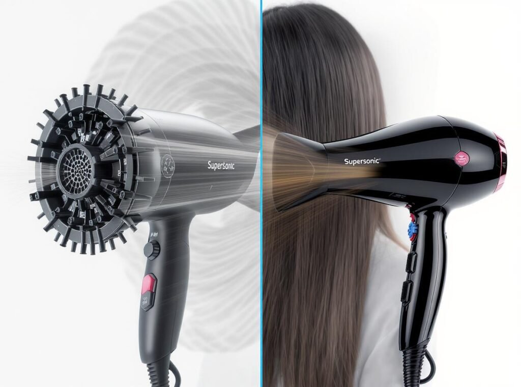 Supersonic hair dryer vs traditional hair dryer comparison showing speed and design differences