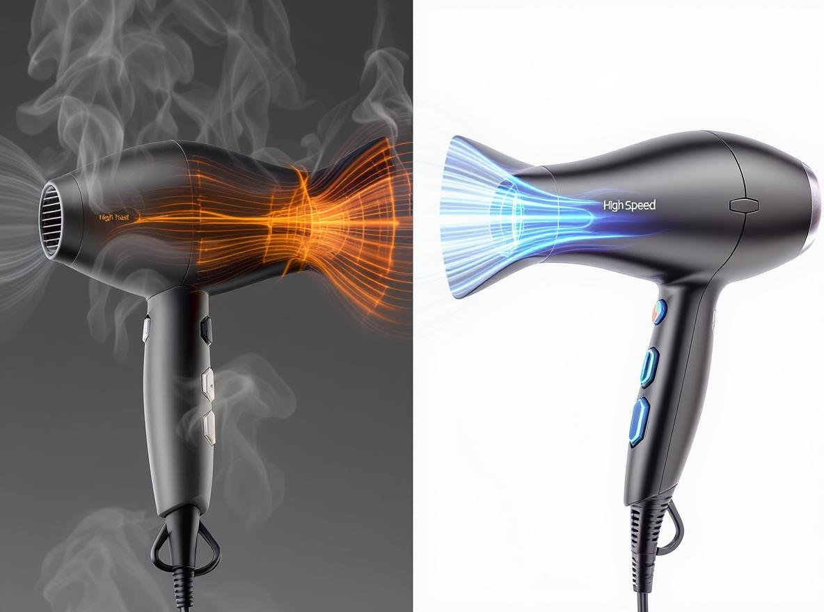 High speed hair dryer vs traditional hair dryer comparison showing airflow and heat differences