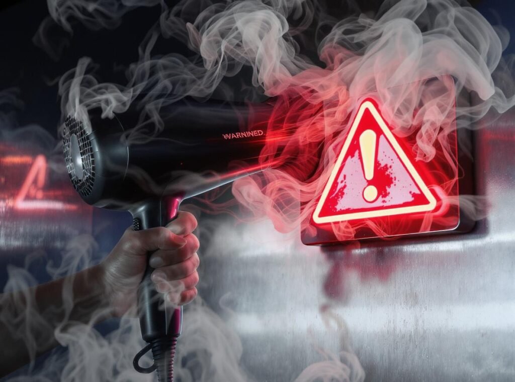 Hair dryer emitting smoke with danger warning symbols - immediate safety concern