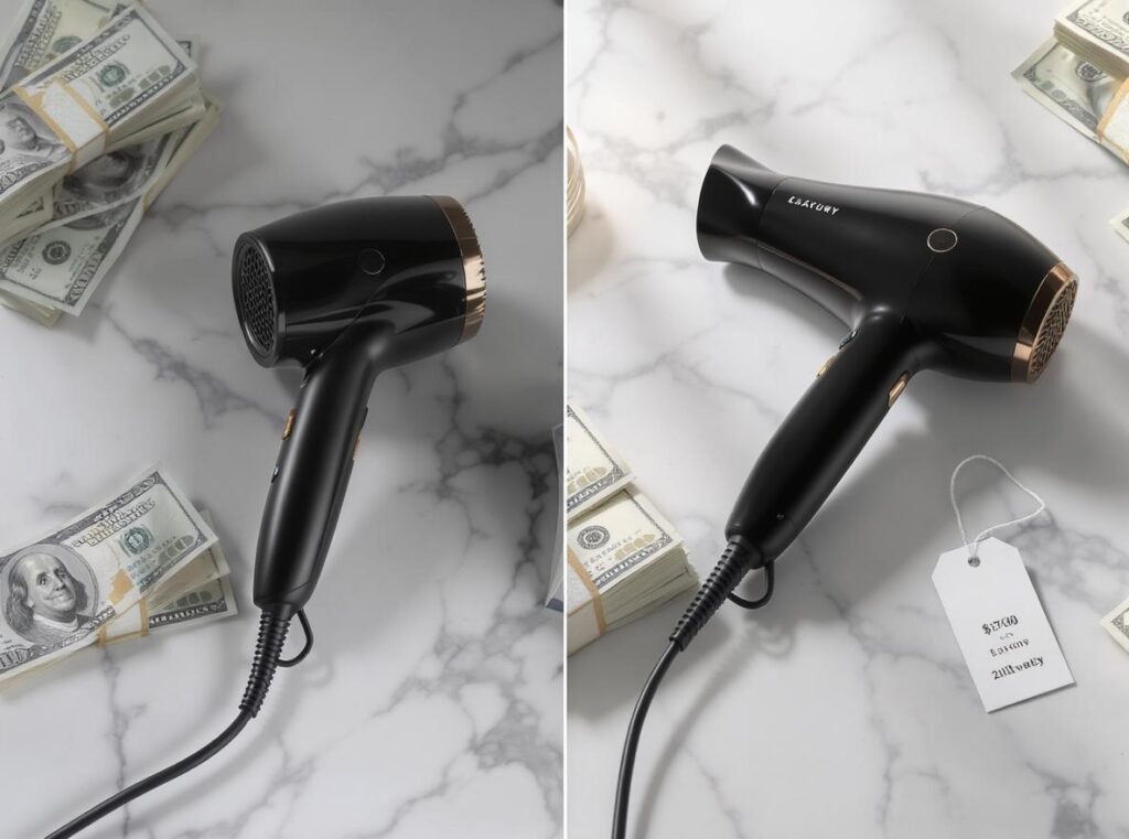 RevAir hair dryer with price tag showing high cost on luxury bathroom counter