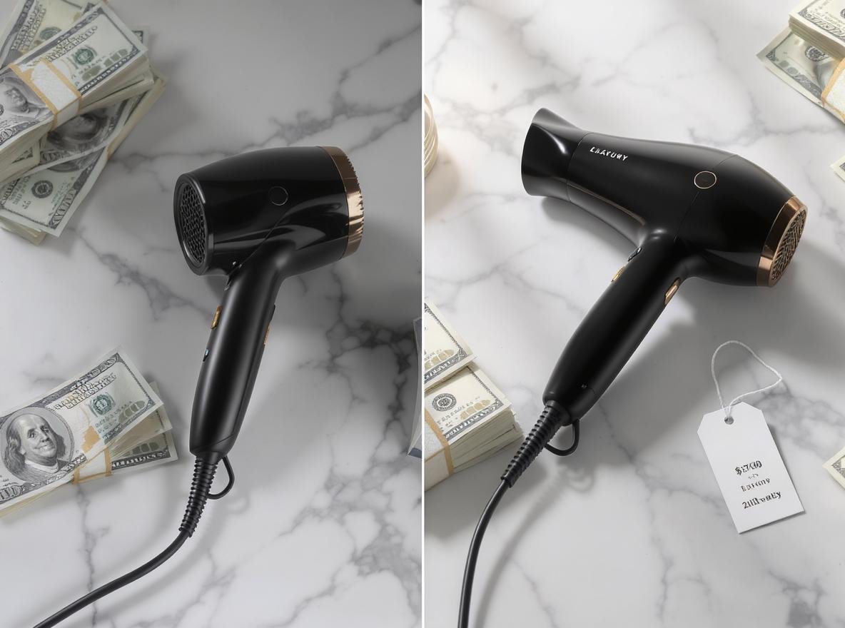 RevAir hair dryer with price tag showing high cost on luxury bathroom counter
