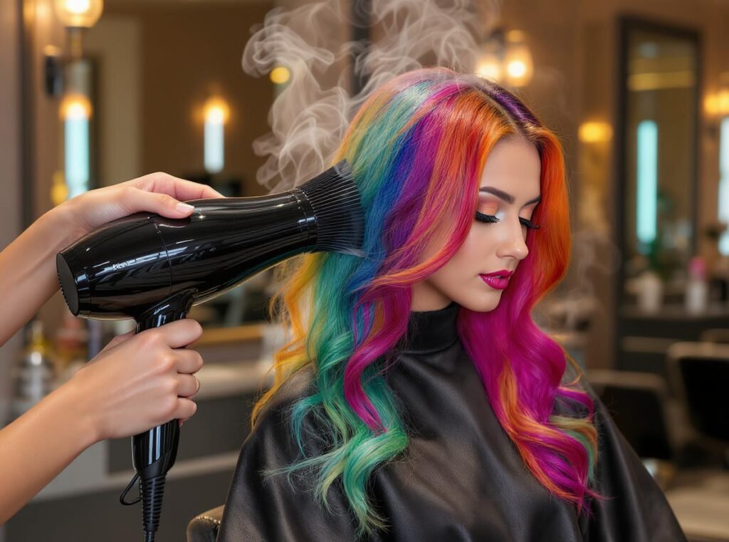 Woman with vibrant colored hair using ionic hair dryer in professional salon