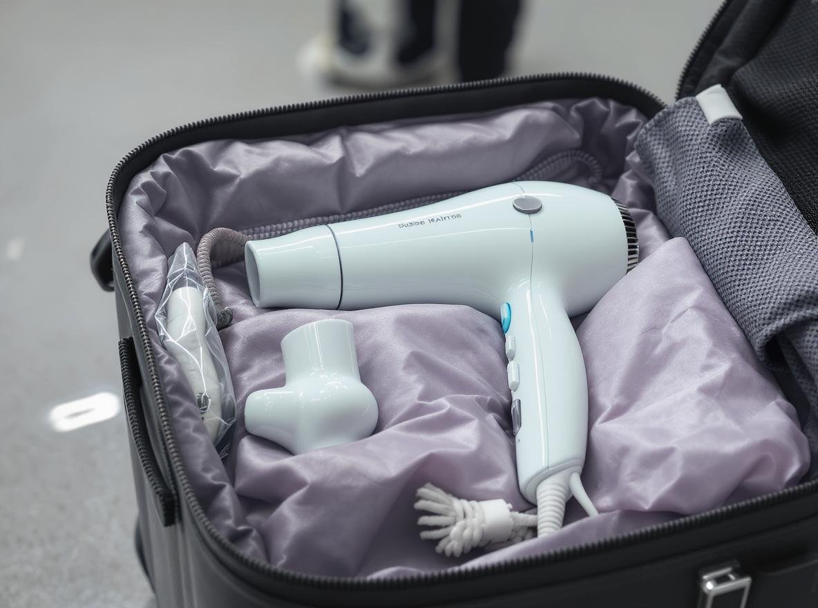 Hair dryer packed in carry-on luggage for TSA-compliant air travel