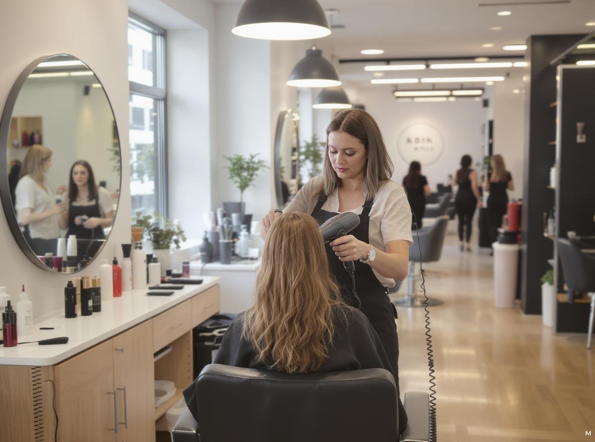 Professional salon hairstylist using extra-long cord hair dryer on client
