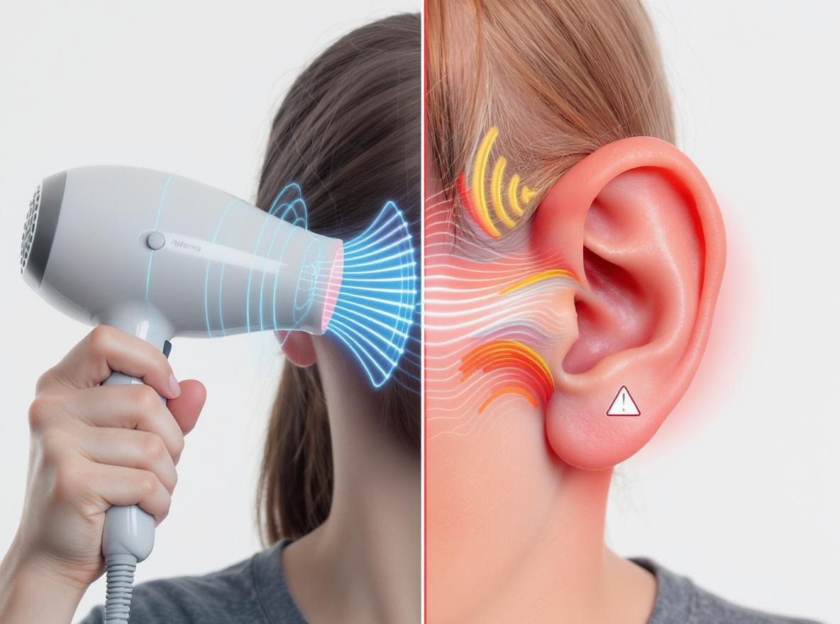 Hair dryer noise causing hearing damage illustrated with ear anatomy comparison
