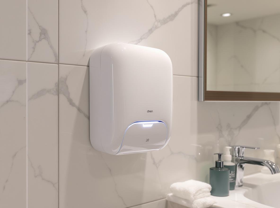 Wall-mounted hair dryer installed in luxury hotel bathroom showing commercial grade design