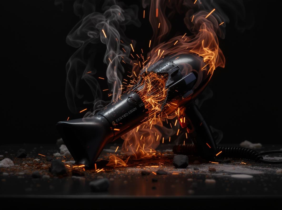 Damaged hair dryer with smoke and sparks in professional salon demonstrating fire safety risks