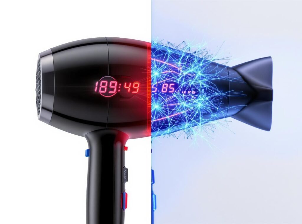 Hair dryer electrical draw comparison between hot and cold settings showing power consumption differences