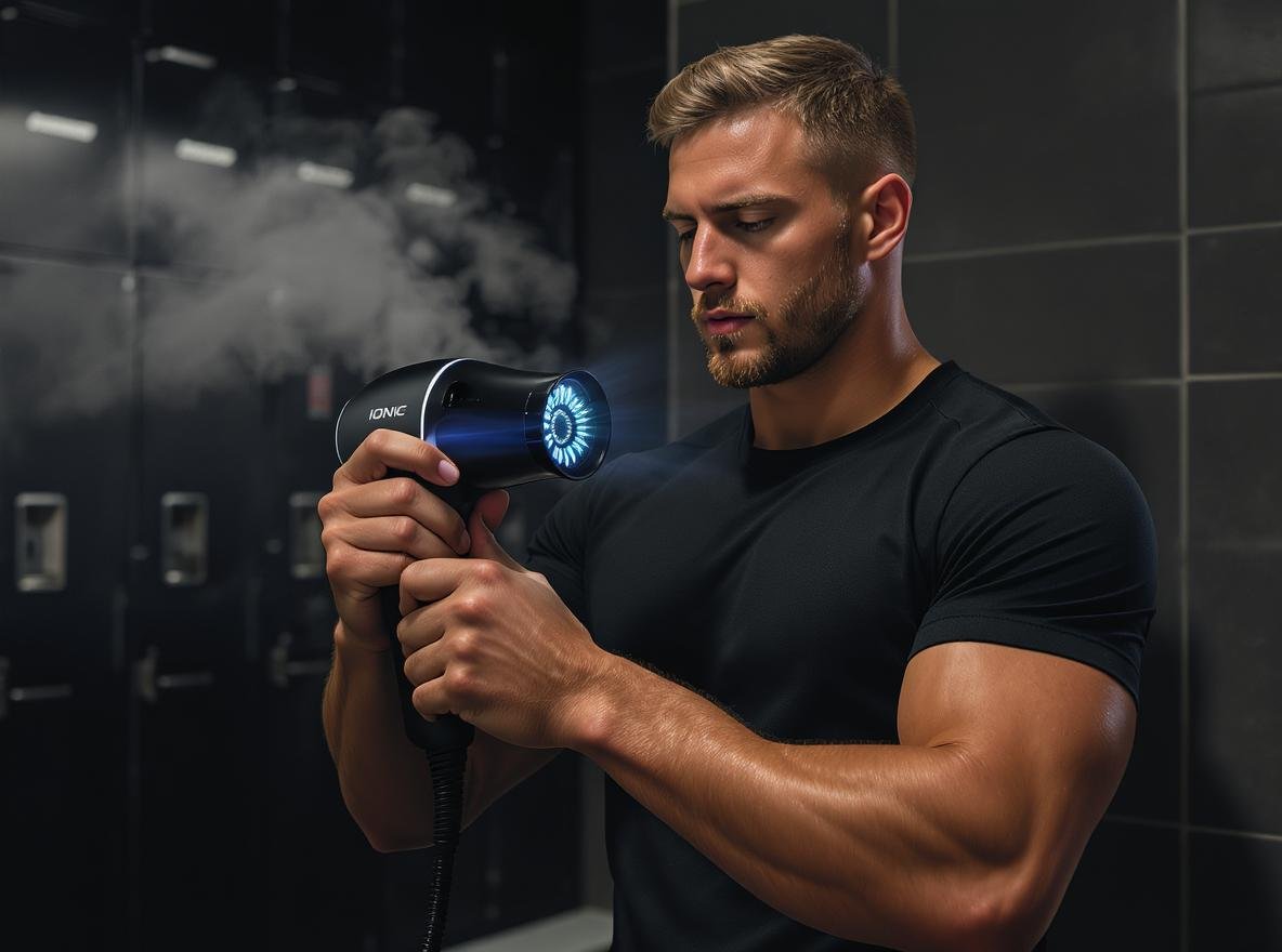 Professional athlete using high-wattage ionic hair dryer in modern athletic facility locker room