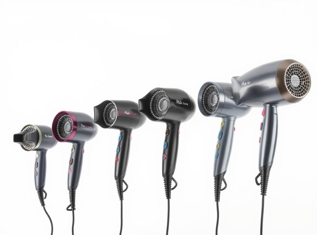 Different hair dryer wattages comparison showing various models and power levels