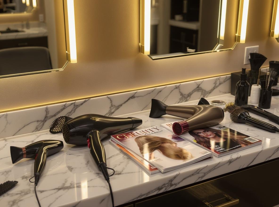 Celebrity endorsed hair dryers in professional salon setting with luxury styling tools