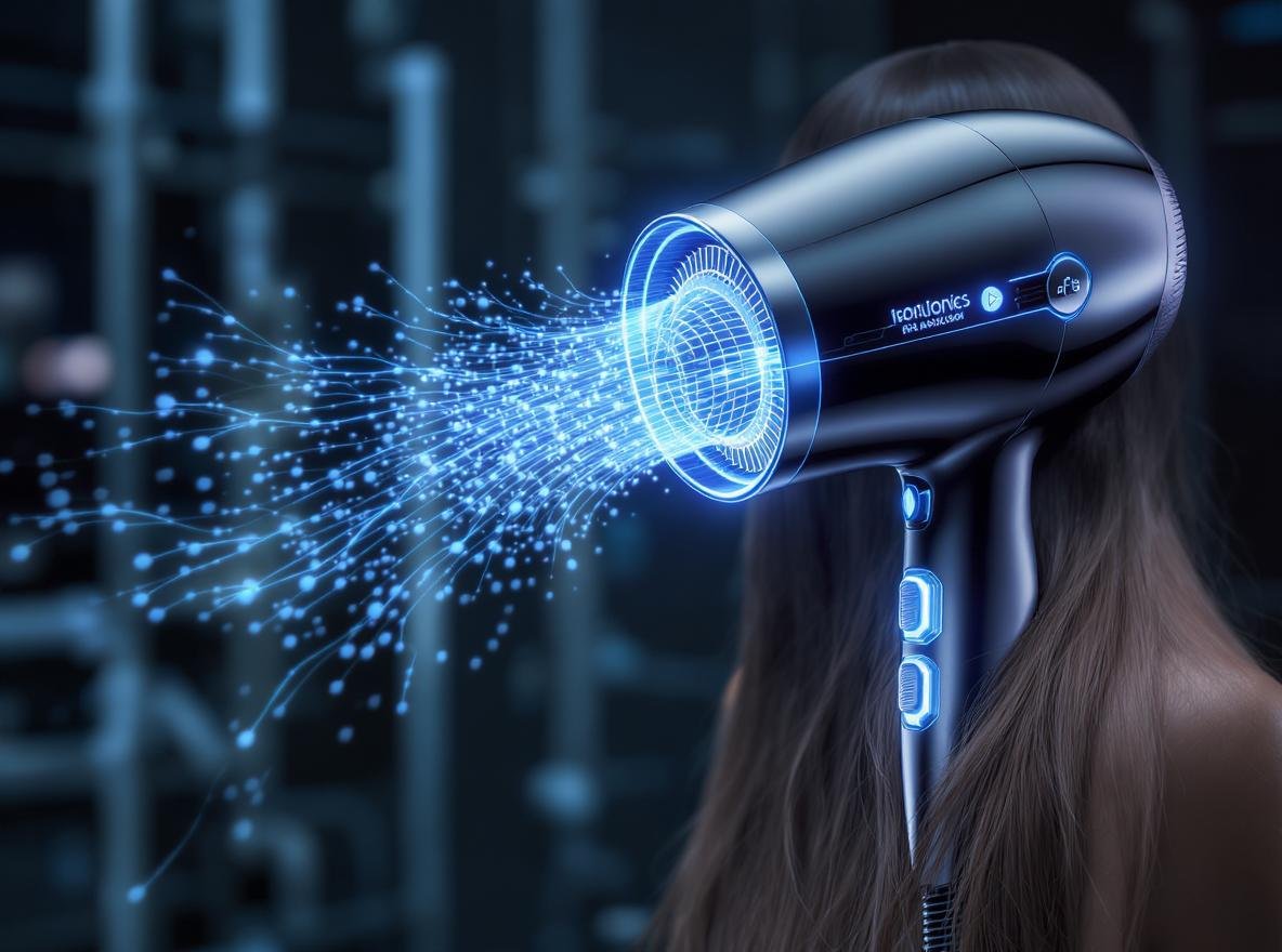 Professional ionic hair dryer producing negative ions with visible blue energy particles
