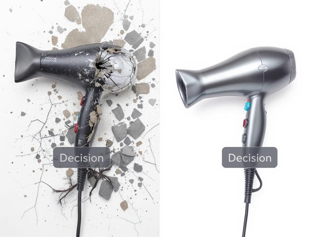 Hair dryer repair vs replacement decision comparison showing damaged and new dryers