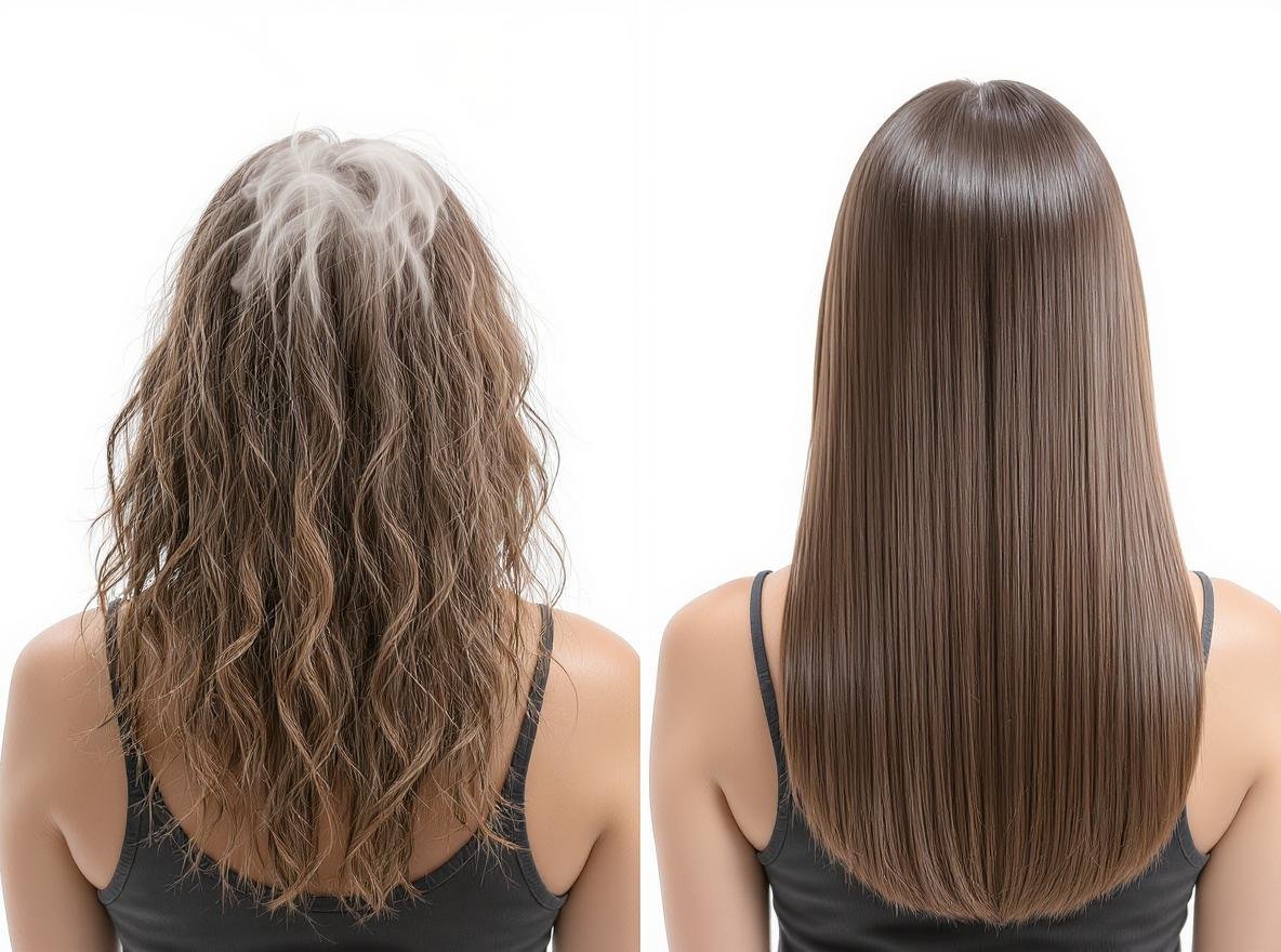 Hair dryer vs straightener order comparison showing damaged vs healthy hair results