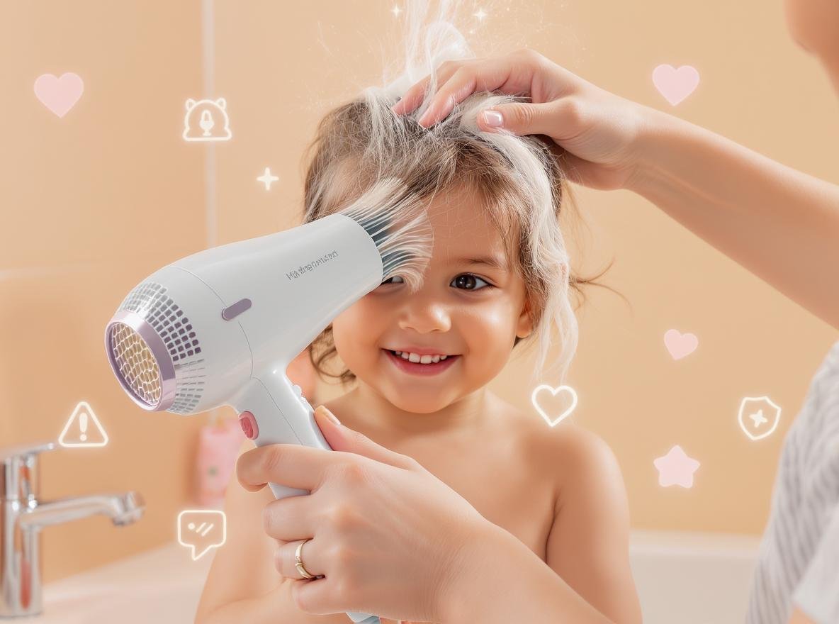 Child-safe hair dryer being used on smiling toddler in bathroom setting