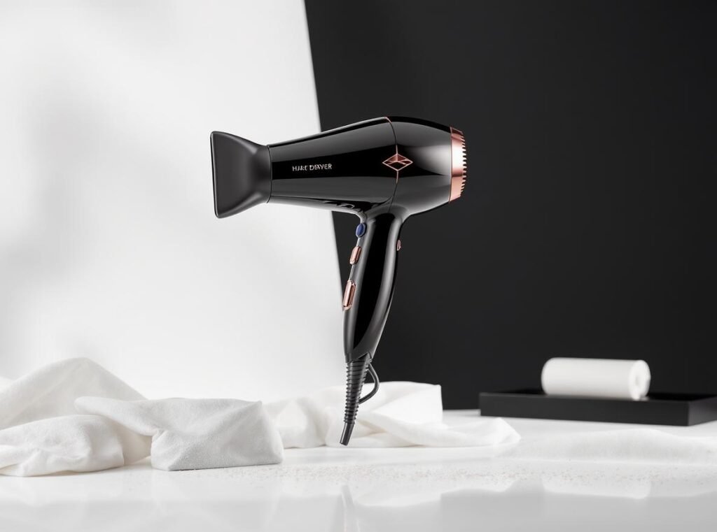 Premium hair dryer with advanced technology floating in elegant setting